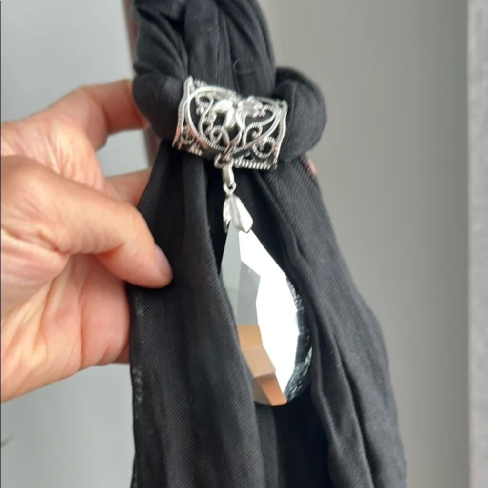 Vintage Black Scarf With Silver Charm & Tassels